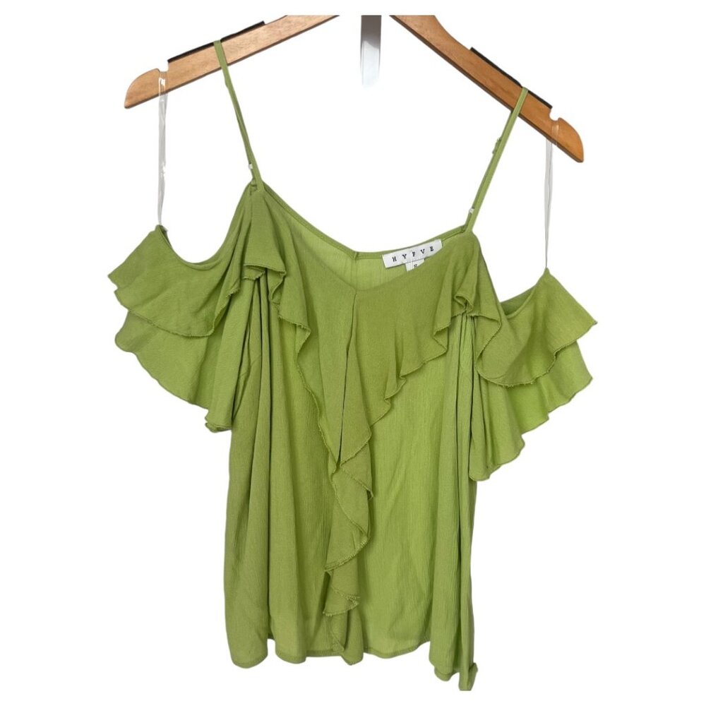 APRICOT LANE PEAR GREEN SPAHGETTI STRAP OFF THE SHOULDER RUFFLED BLOUSE